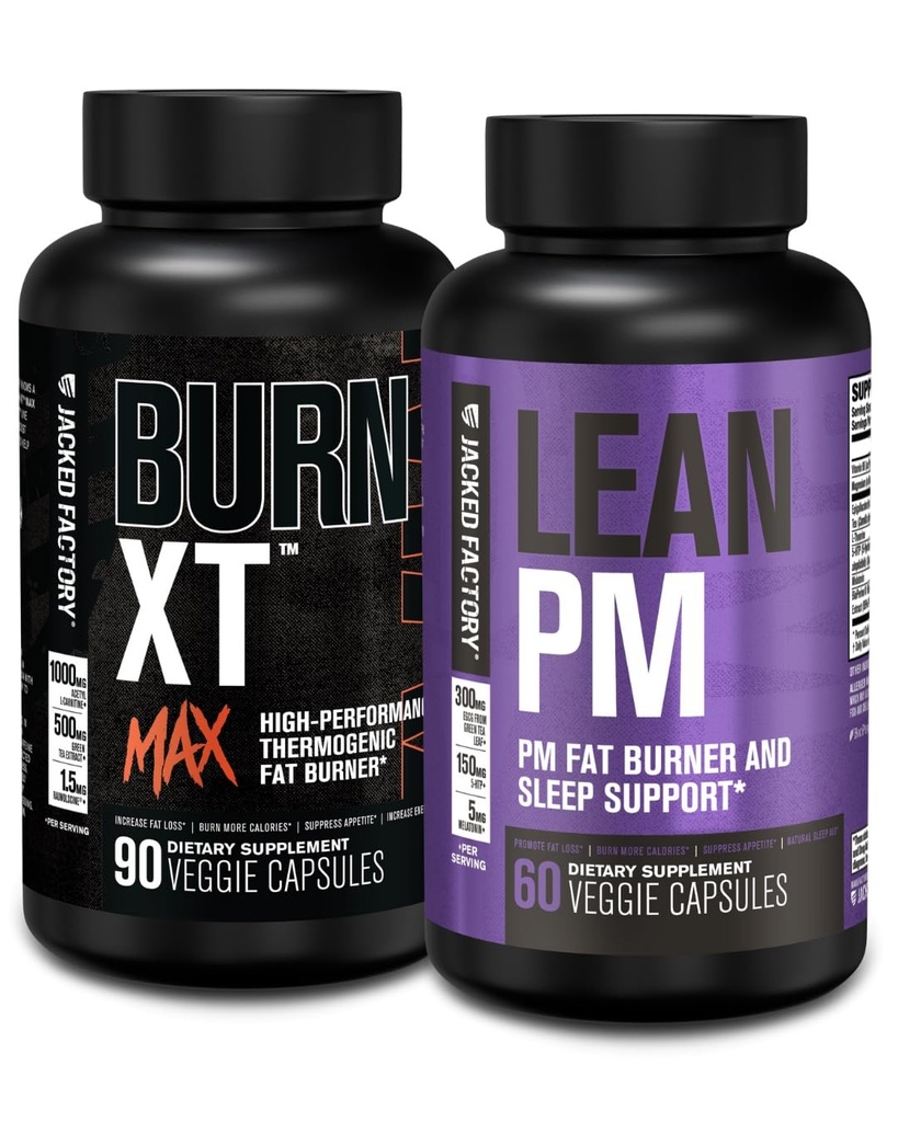 Jacked Factory 24 / 7 Fat Burner Stack - Burn XT MAX High Performance Fat Burner (90 kapsler) - Lean PM Nighttime Sleep Support for Weight Loss and Appetite Suppression (60 kapsler)