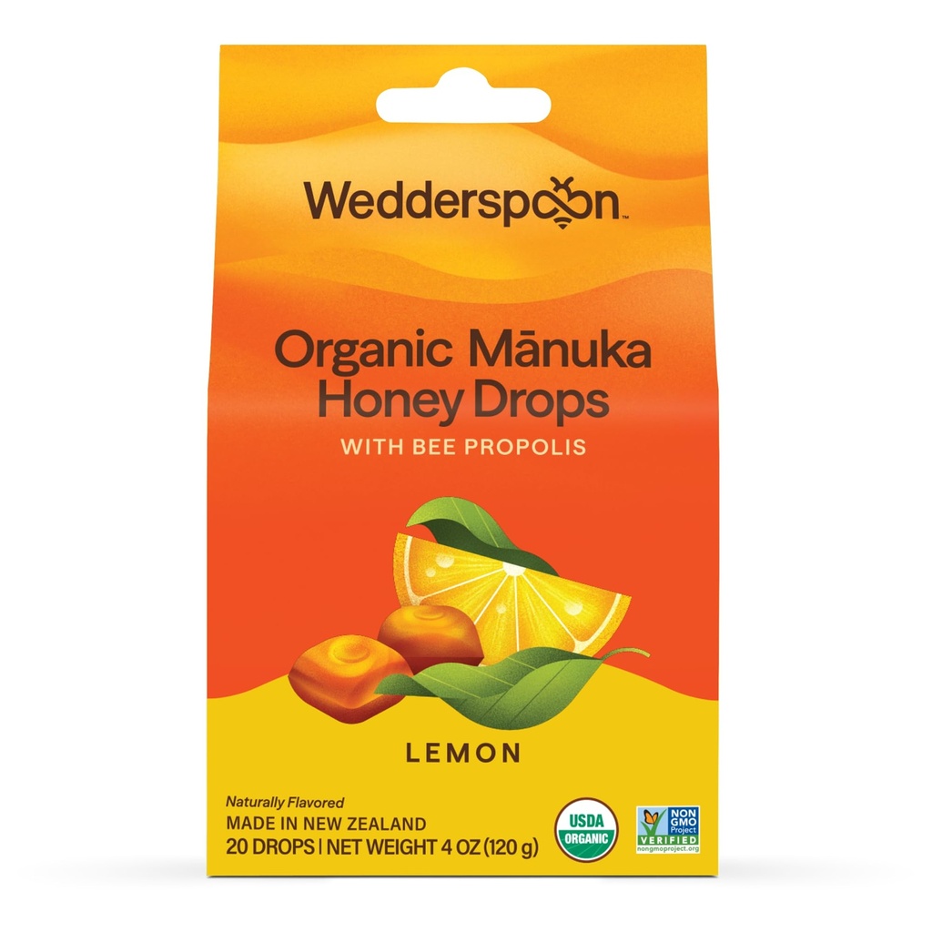 Wedderspoon Organic Manuka Honey Drops, Lemon & Bee Propolis, 20 Greve (pakke med 1)
