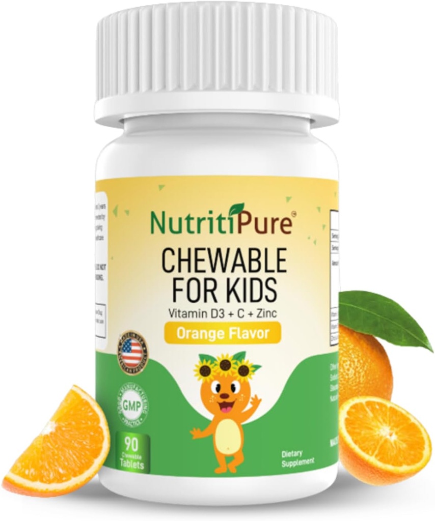 Chewable Vitamin D3 (Cholecalciferol) 25 mcg (1000 IE) + Zink (Zinkcitrat) 5mg + C-vitamin 30mg til børn Orange Flavor 90 / Flaske (1)