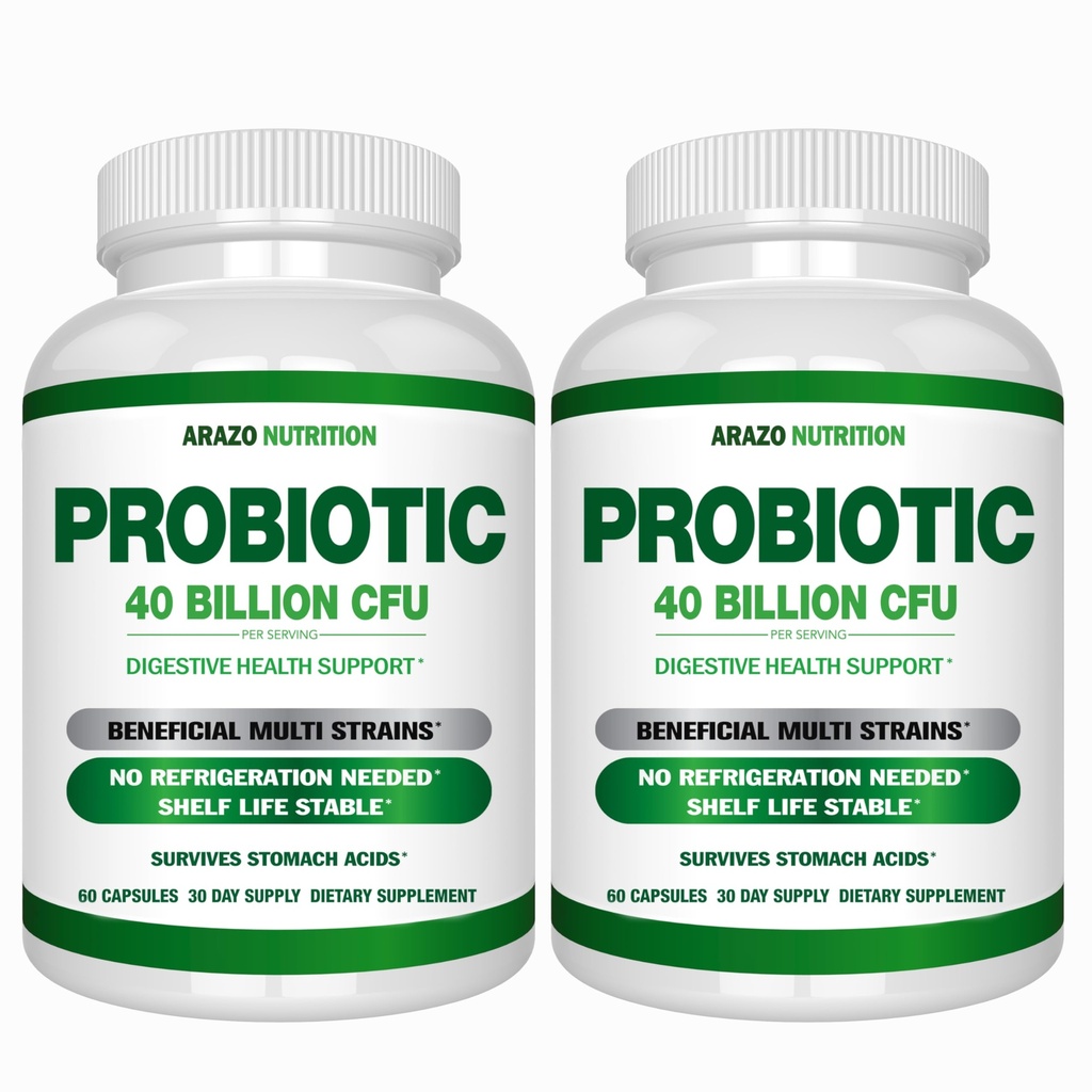 Arazo Nutrition Probiotic 40 Billion CFU - Shelf Stable with Prebiotics and Acidophilus - Stable Potency Until Expiration – Time Delay Release Probiotics (Pack of 2)