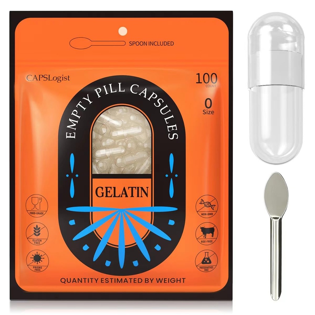 Piller Kapsler Tom størrelse 0, 100 Greve Gelatine Kapsel med Micro Lab Spoon, DIY Pille Kapsel Fyldning, Gluten Free og Non- GMO Certificeret, Clear