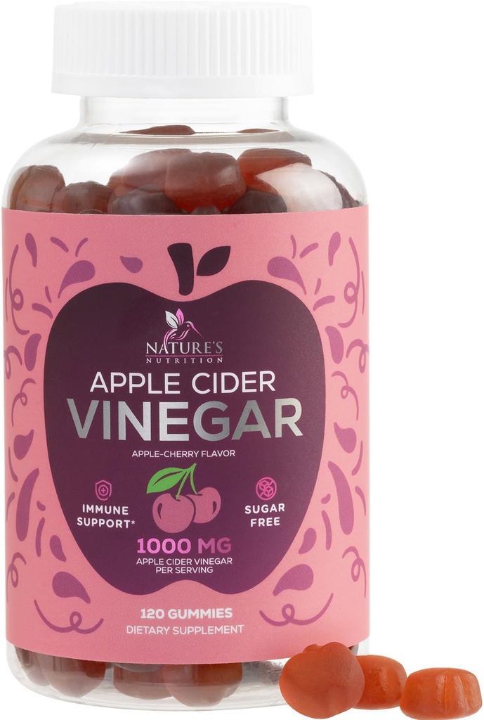 Vegan Apple Cider Vinegar Gummy 1000mg - Sukker Free ACV Gummies Vitaminer tillæg med vitamin B12 for energi - Keto Friendly fordøjelse, Detox, Cleanse Support - Gelatin- Free, Non- GMO - 120 Gummies