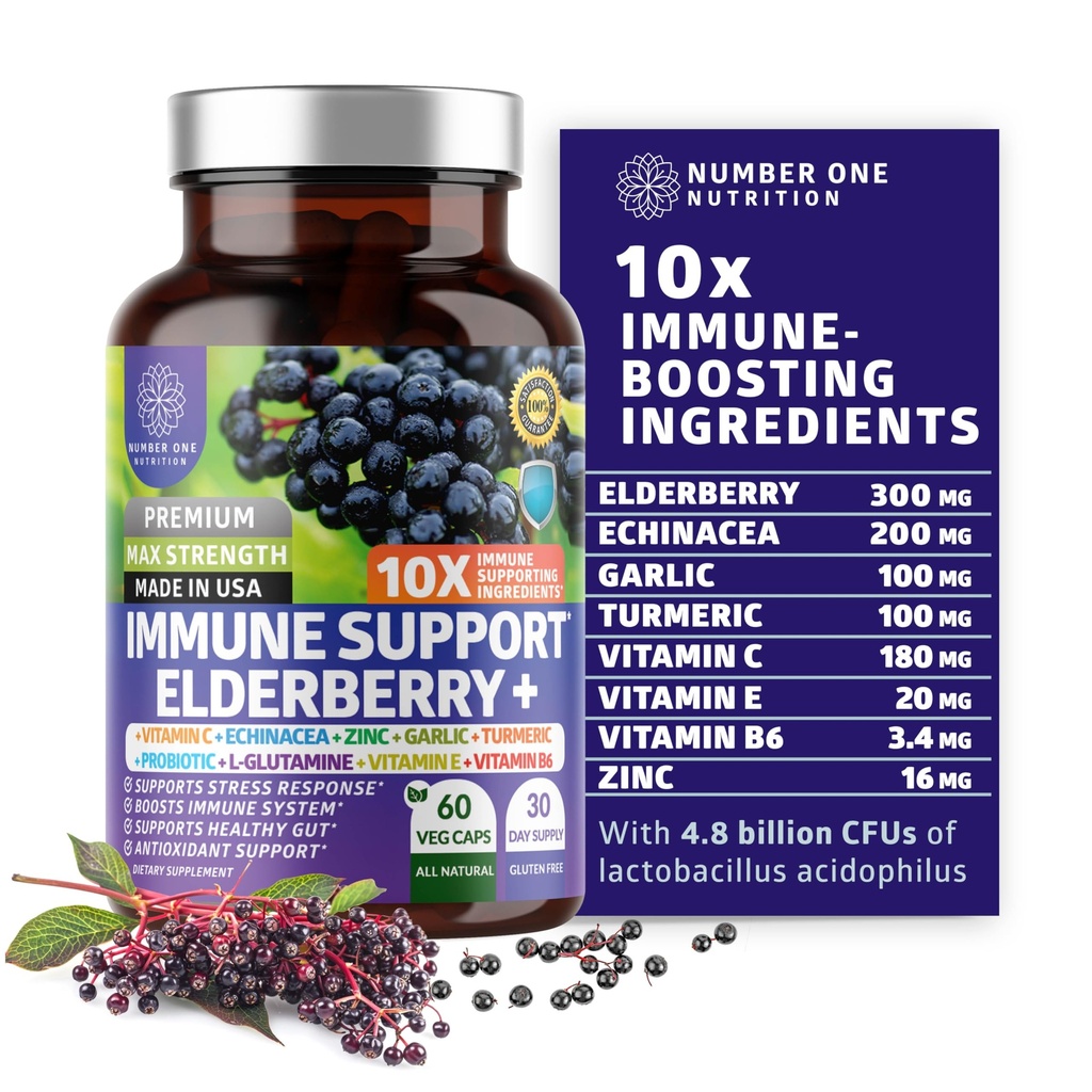 Premium 10 i 1 immunforsvar supplement [10 Potent Ingredienser] med Elderberry, C-vitamin, Echinacea, Zink og probiotika til immunforsvar, Gut sundhed og bedre fordøjelse, 60 Veg Caps
