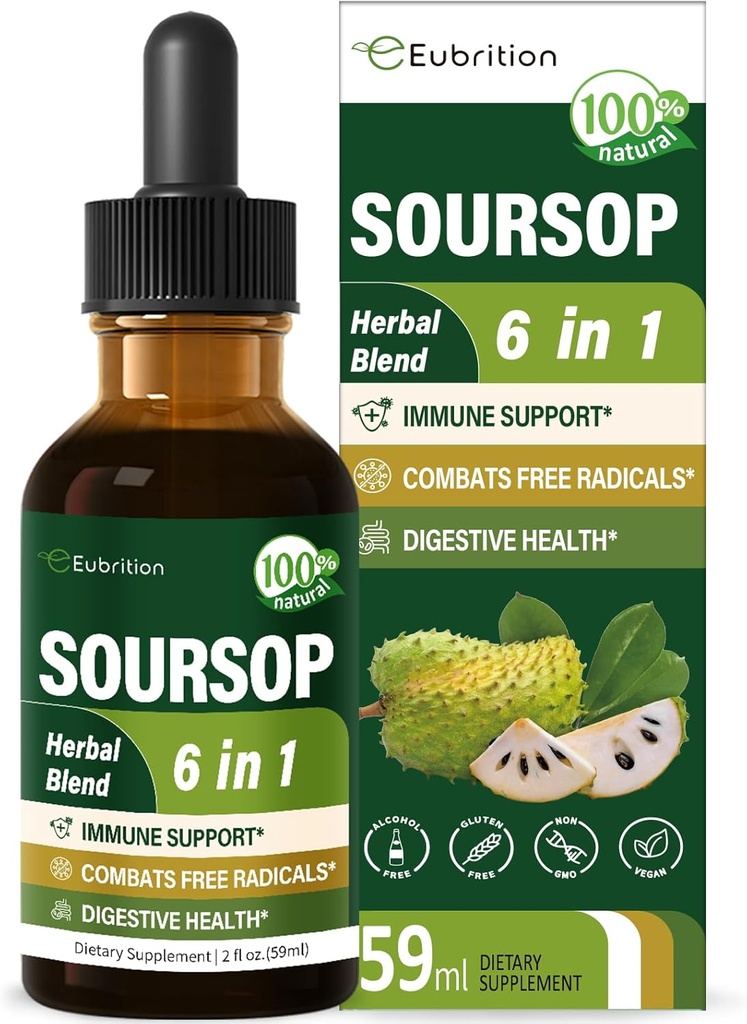 Soursop (Guanabana) Blade & Fruit Extract Drops for Immunsystemet Support, Soursop Bitters Flydende til fordøjelsessygdomme, Graviola Supplement Plus Reishi & Vitamin B6, rig på næringsstoffer. 2oz