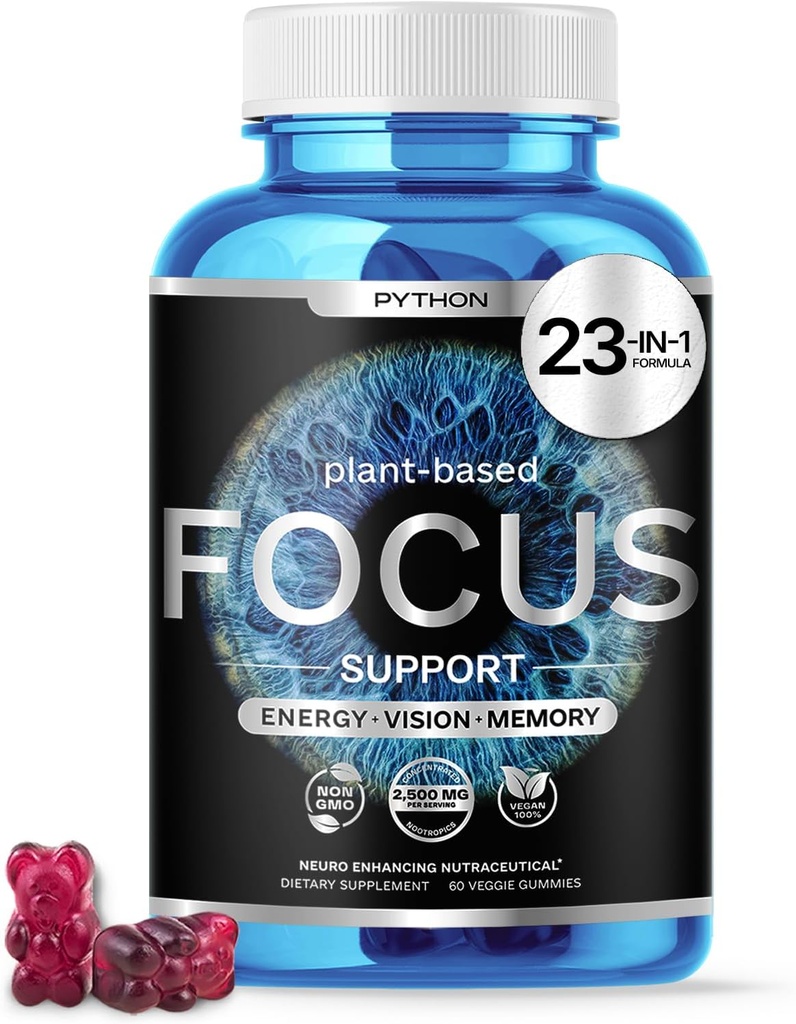 Python Focus - Nootrop Brain Supplement - Boost Memory, Koncentration & Kognitiv funktion - 60 Veganske tykkere med Lions Mane, Lutein & AREDS 2 Vitaminer