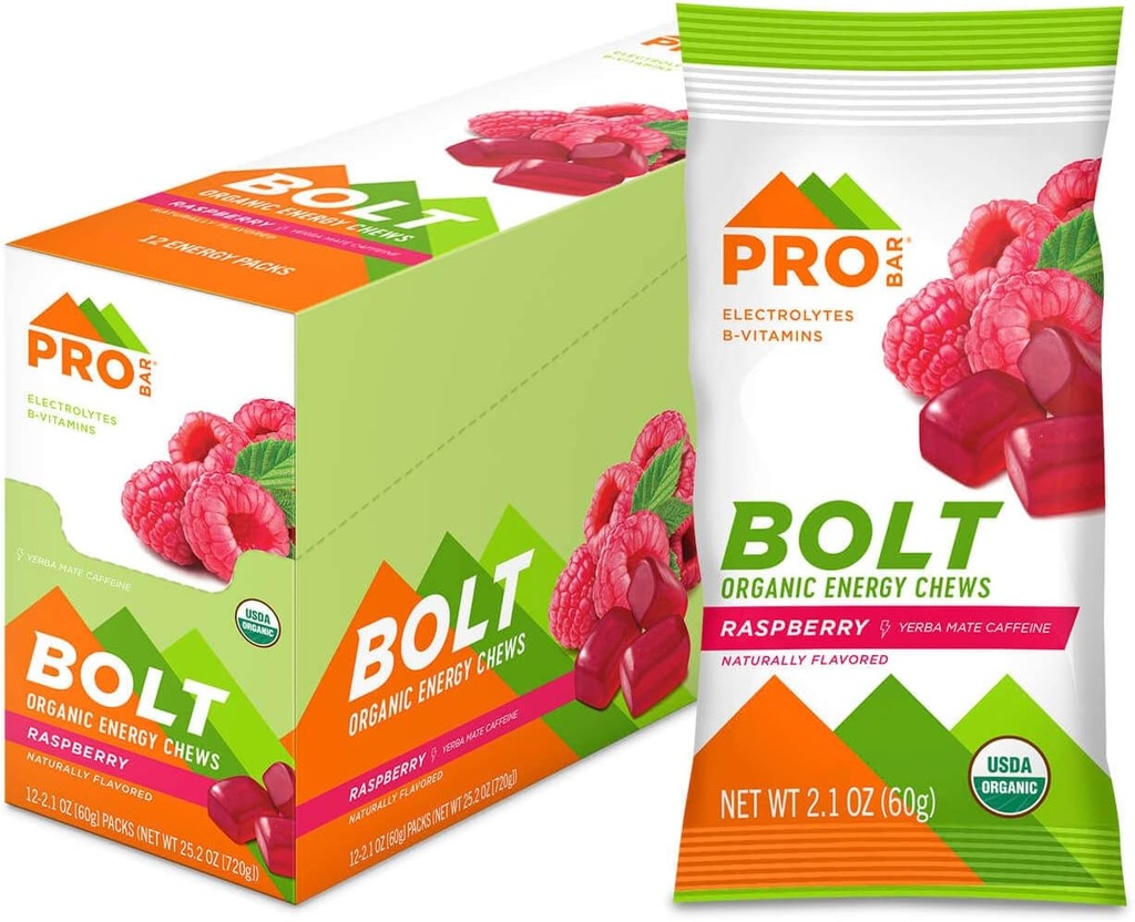 PROBAR - BOLT Organic Energy Chews, Hindbær, Non- GMO, Gluten- Free, USDA Certified Organic, Sund, Natural Energy, Fast Fuel Gummies med Vitaminer B & C (12 Greve)