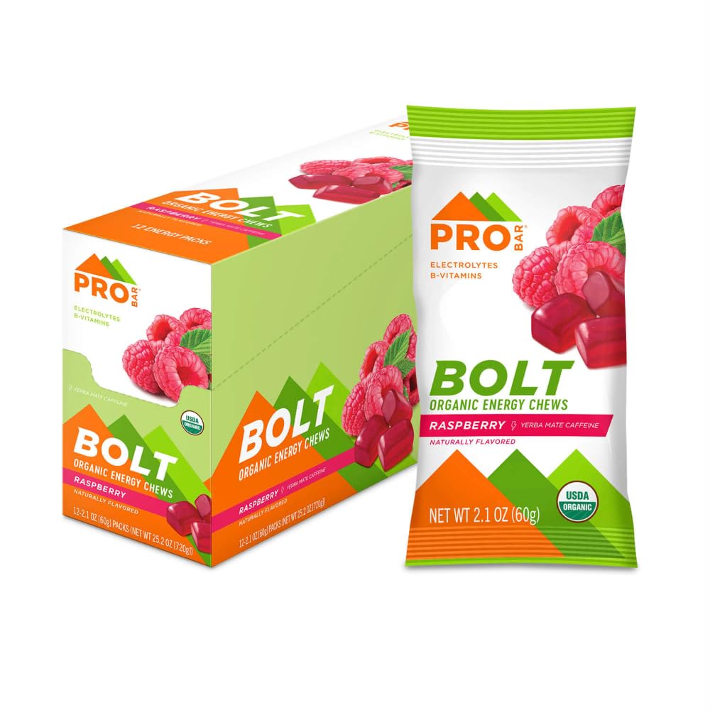 PROBAR - BOLT Organic Energy Chews, Hindbær, Non- GMO, Gluten- Free, USDA Certified Organic, Sund, Natural Energy, Fast Fuel Gummies med Vitaminer B & C (12 Greve)