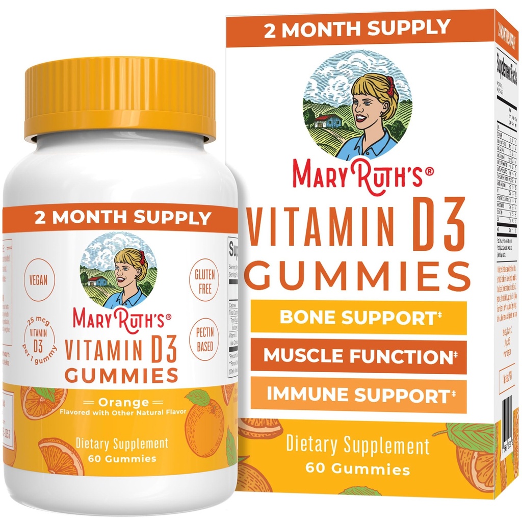 MaryRuth Organics Vitamin D3 Gummy; 2 Months Supply Measures 124; Voksne & Kids Vitamin D Gummy Measurement Supplement 124; VIT D3 1000IE for Knogle Sundhed & Muskelfunktion; 124; Vegan Measurement 124; Non- GMO Measurement 124; Gluten Free Measurement 124; 60