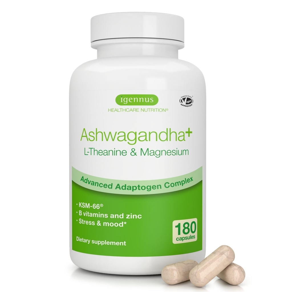 Igennus High Strength Ashwagandha KSM-66 Stress Relief Complex, L-Theanine & Magnesium & Root Extract Adaptogens, Methylated B Vitamins, Calm & Sleep Support, Clean Label, 180 Fast Acting Capsules