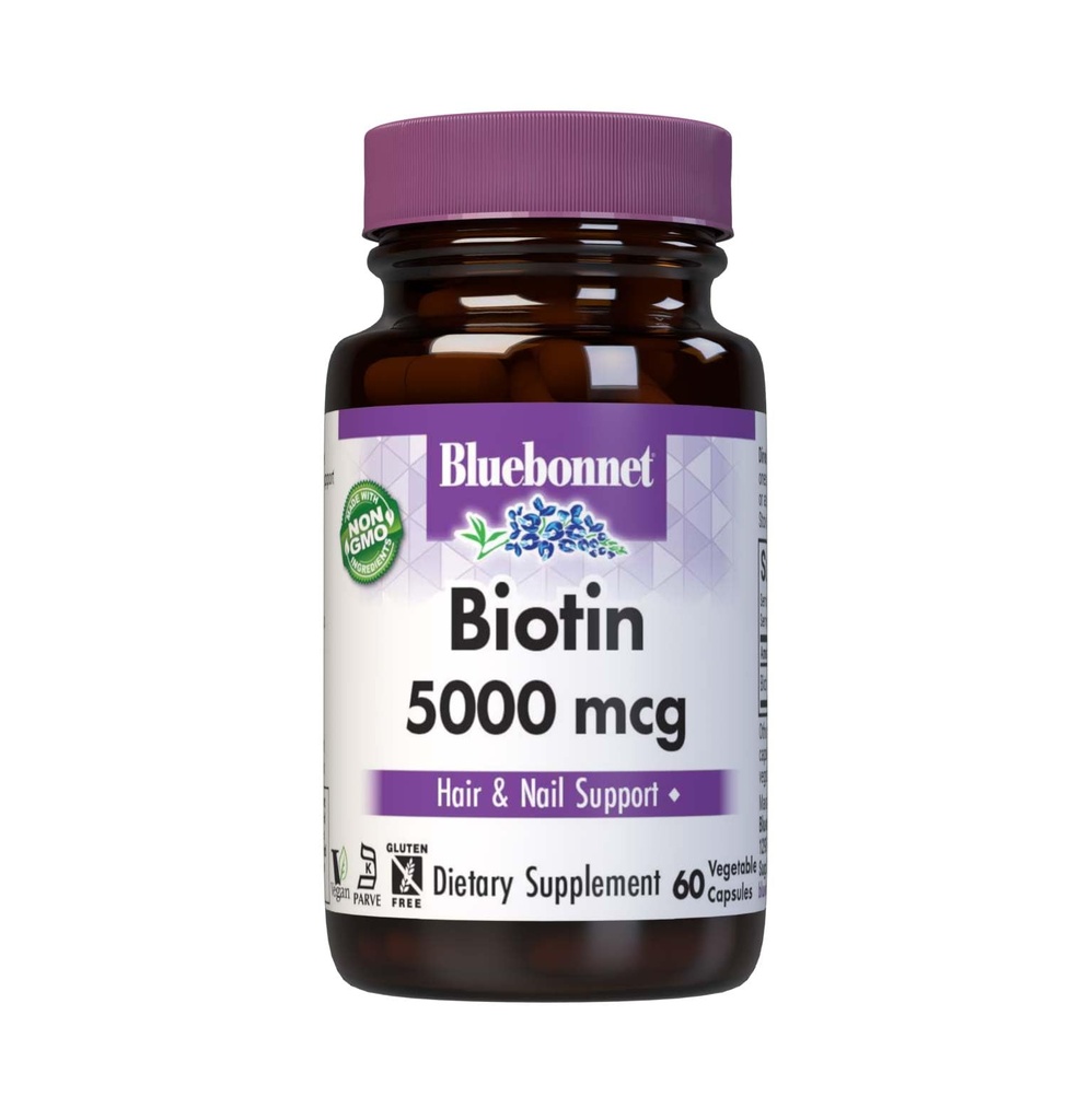 Bluebonnet Nutrition Biotin 5000 mcg, Hair & Nail Support*, Non-GMO, Vegan, Kosher Certified, Gluten-Free, Soy-Free, Dairy-Free, 60 Vegetable Capsules, 60 Servings