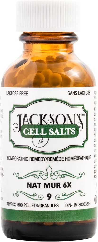 Jacksons # 9 Cell Salt NAT Mur 6X (500 pellet flaske) - Certificeret Vegan, Lactose- Free Schuessler Tissue Salt Natrum Muriaticum 6X