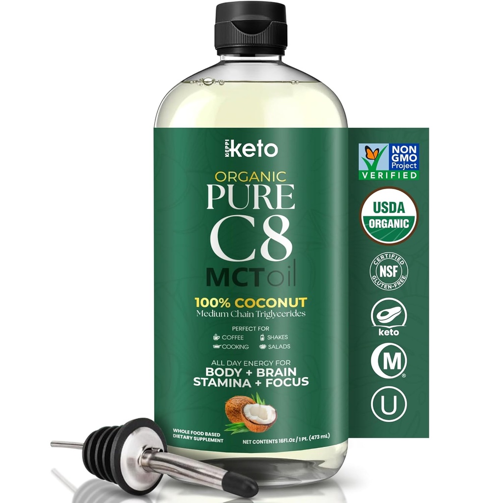 Keppi Organic MCT Oil - Flavorless C8, Non-GMO, Certified Organic, Gluten-Free, Palm Oil Free, Vegan, Kosher, Halal, 16 oz Coconut Oil