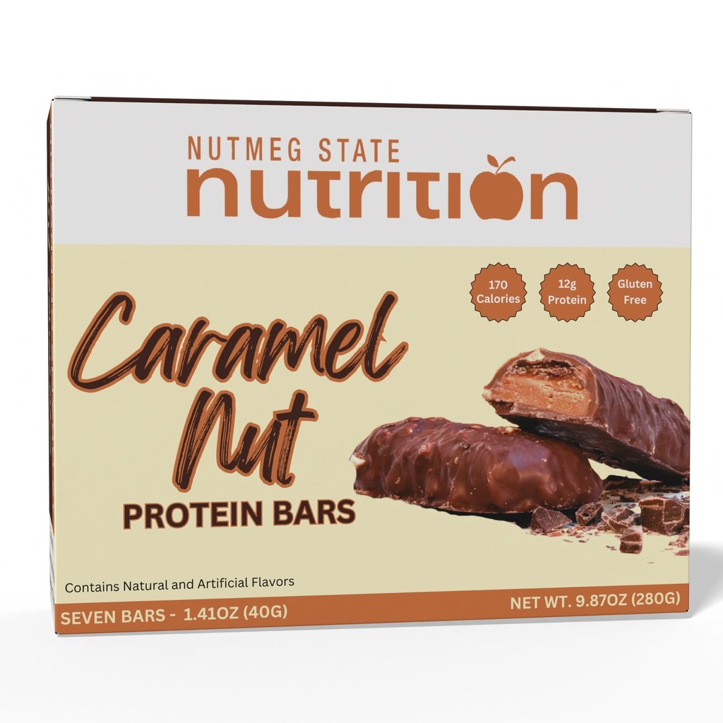 Nutmeg State Nutrition HealthyWise - High Protein Bars, Gluten Free, Low Calorie, Ideal Protein Compatible, 7 Servings Per Box (Caramel-Nut)