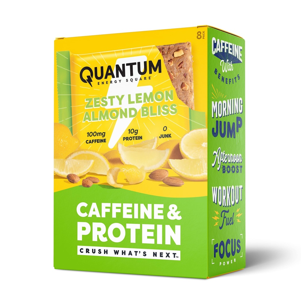 Quantum Energy Square: Energy Bar with Caffeine & 10g Protein. Delicious Healthy Snack On The Go. (Vegan, Gluten-free, Soy-free, Dairy-free) (Zesty Lemon Almond Bliss)