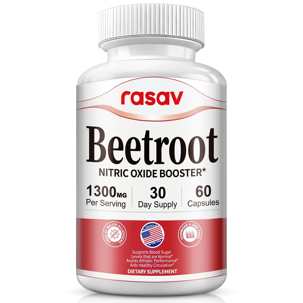 Rasav Beet Root Capsules - 1300mg Beet Root Powder Helps Support Nitric Oxide Production, Blood Flow, Blood Circulation & Energy, Non-GMO, Beet Supplement - 60 Capsules, 30-Day Supply