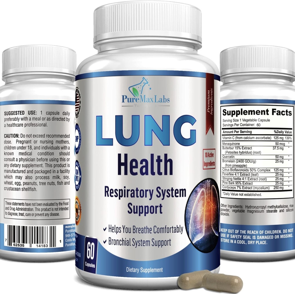 Lung Support Supplement, Lung Cleanse & Lung Detox Formel, Lung Health Support for Clear Lungs, Komfortabel vejrtrækning, Bronchial Sundhed, 60 kapsler
