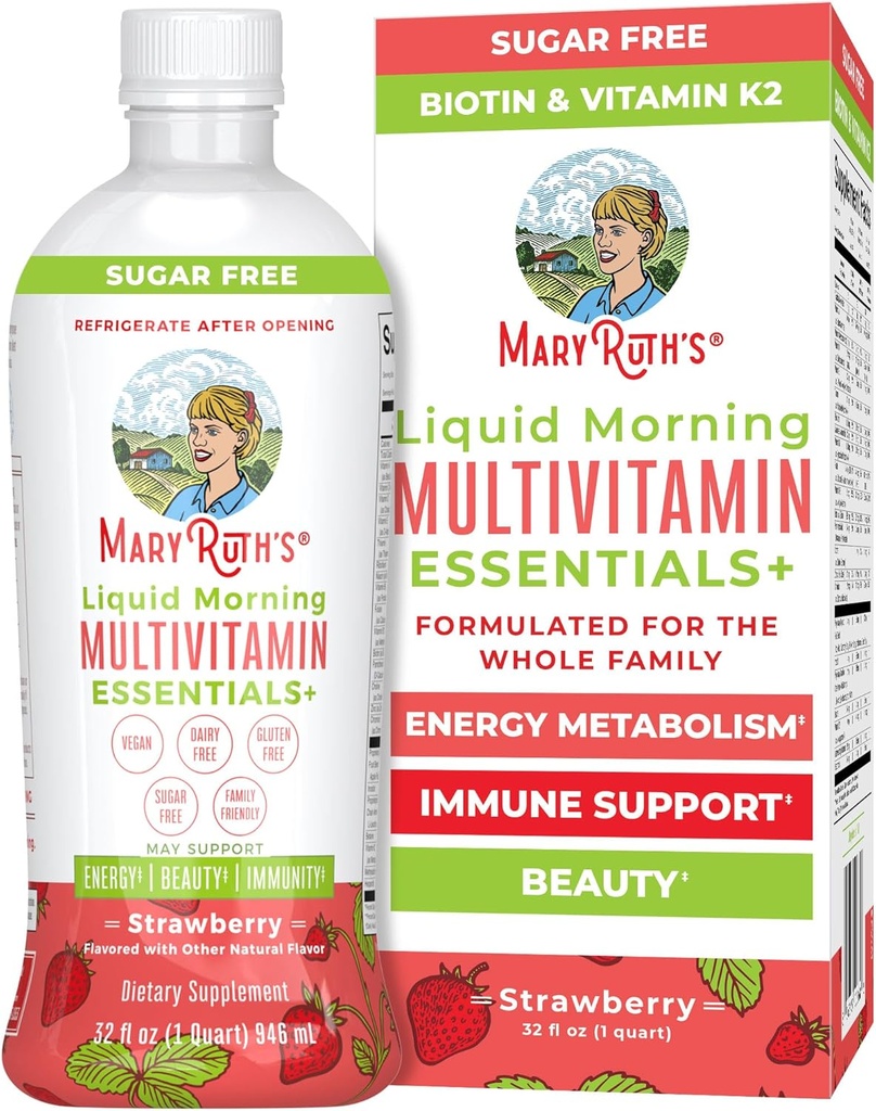 MaryRuth Organics Liquid Morning Multivitamin Essentials + Beeg 124; vitamin A C D E B6 B12 Biotin Zink124; Mænds & Kvindestøtte 124; Skønhed 124; Sukker fri