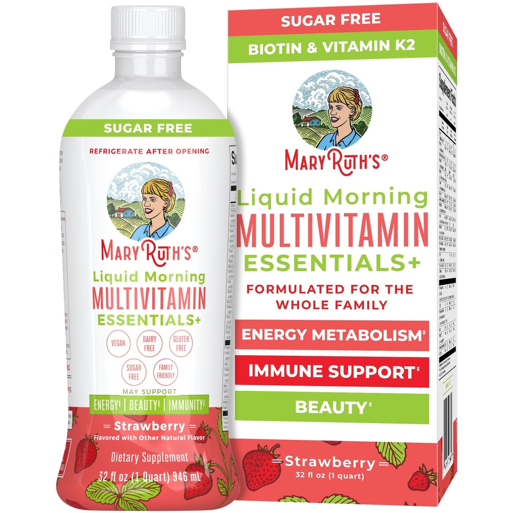 MaryRuth Organics Liquid Morning Multivitamin Essentials + Beeg 124; vitamin A C D E B6 B12 Biotin Zink124; Mænds & Kvindestøtte 124; Skønhed 124; Sukker fri