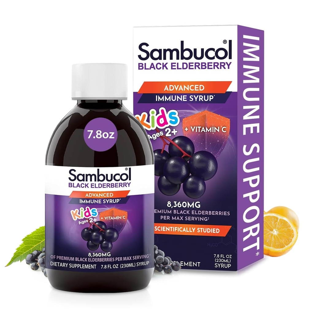Sambucol Black Elderberry Syrup til børn - Elderberry Extract Kids, Kids Elderberry Syrup, Black Elderberry til børn, Kids Immunsupport - 7.8 Fl Oz