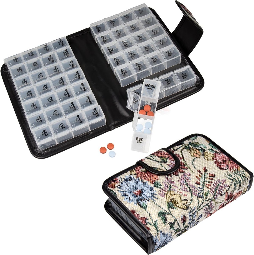 Floral Pill Case Box, 14 Day Pill Holder Pill Container & Medication Organizer, Rejsetilfælde - 4 markerede kompartmenter for hver dag i ugen - Morn, Noon, Eve, seng