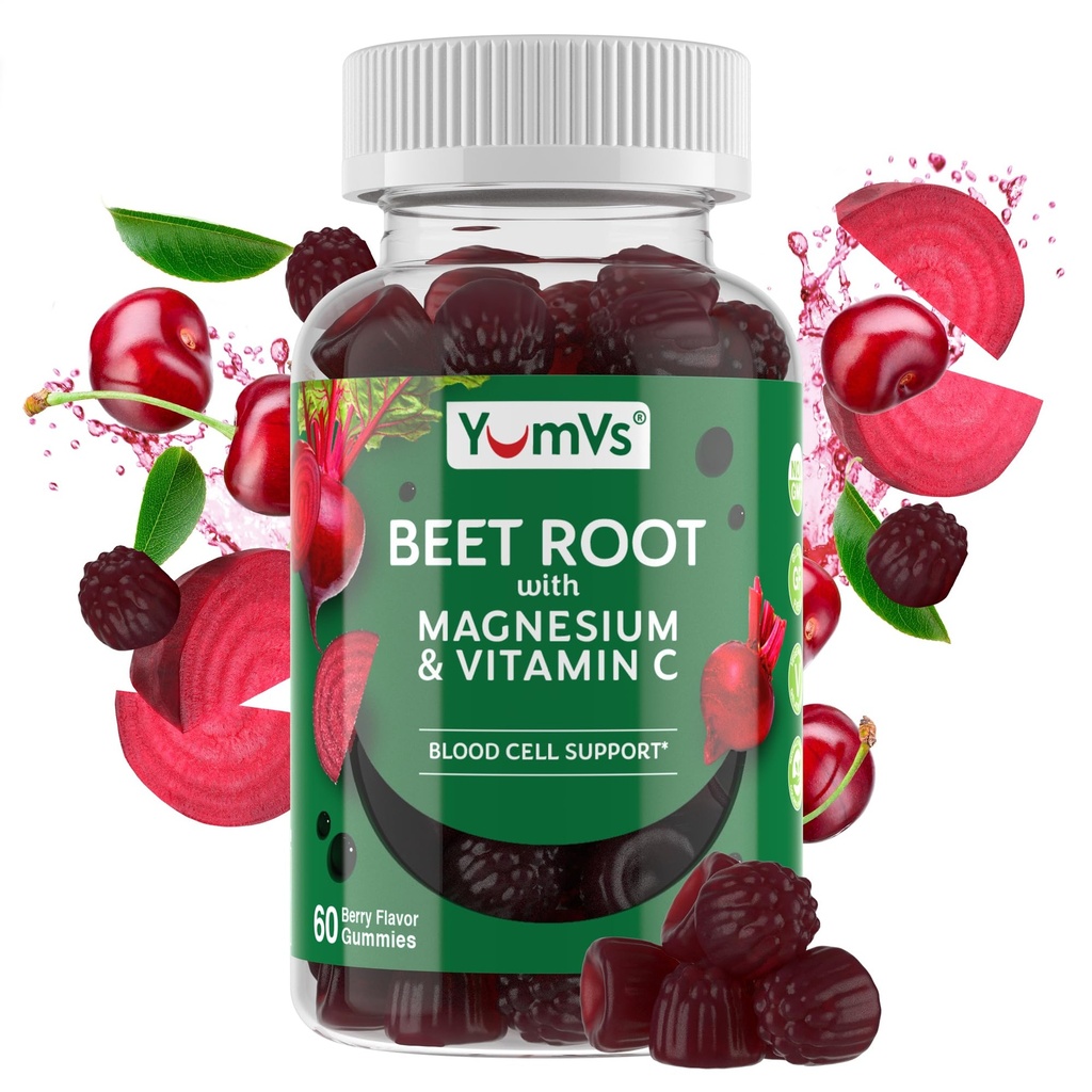 Yumvs Beet Root Gummies med Magnesium og C-vitamin - Berry Flavor Beetroot Gummies - Beet Chews for Blood Circulations og Antioxidant Support - Rød Beet Gummy- Berry 60 Greve (Pack of 1)