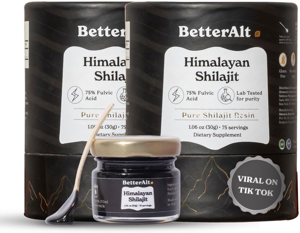 Bedre Alt Pure Himalayan Shilajit Resin Pack af 2 høj potens Gold Grade 150 Servere til energi Boost & immunforsvar, 85 + Trace Minerals, 75% + Fulvic Acid, med Lab Test Report, 400 mg