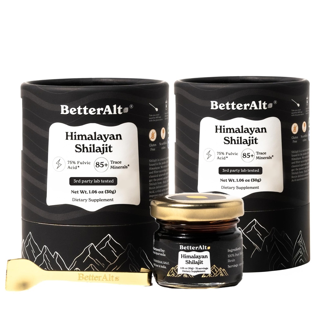 Better Alt Pure Himalayan Shilajit Resin Pack of 2 High Potency Gold Grade 150 Servings for Energy Boost & Immune Support, 85+ Trace Minerals, 75%+ Fulvic Acid, with Lab Test Report,400 mg