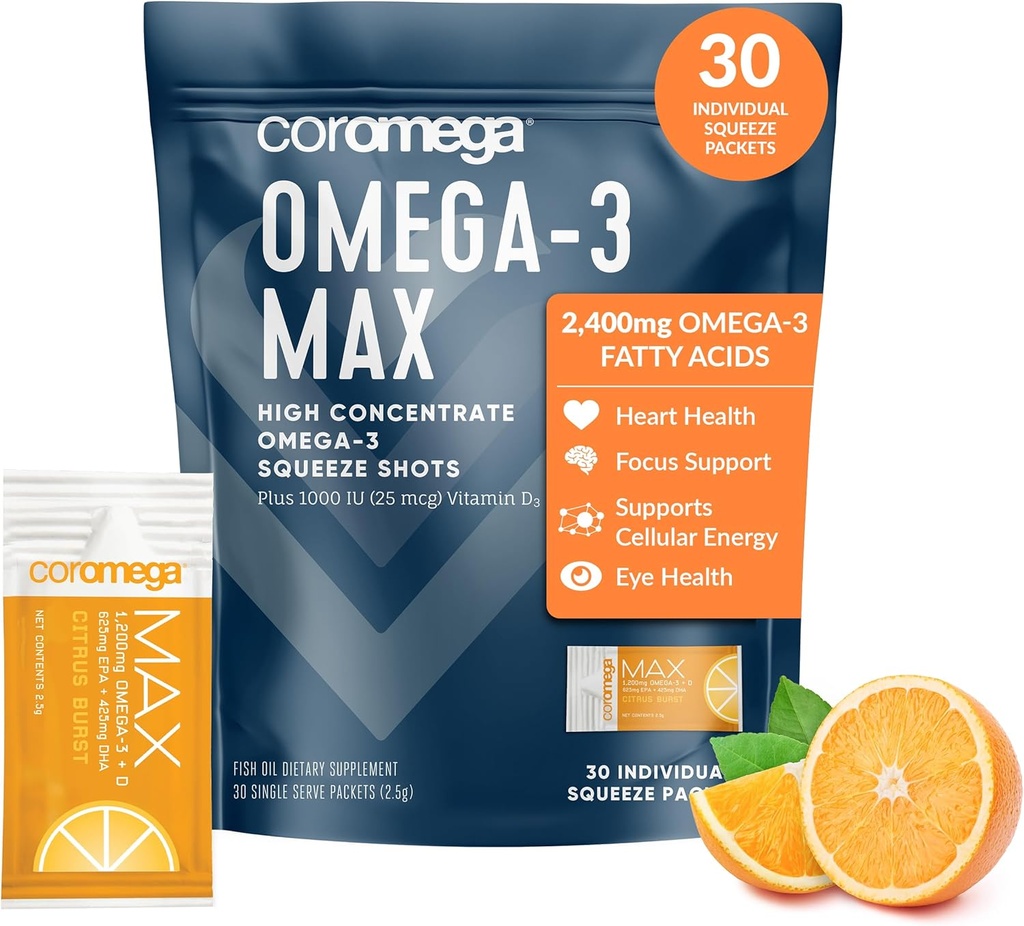 Coromega MAX 2400mg Omega-3 Fish Oil + D-vitamin Squeeze Packets, Wild- Fanget, Ingen Fishy Taste - 3X bedre Absorption Than Softgels, Understøtter Brain & Heart Health (30 Servere, Citrus Burst)