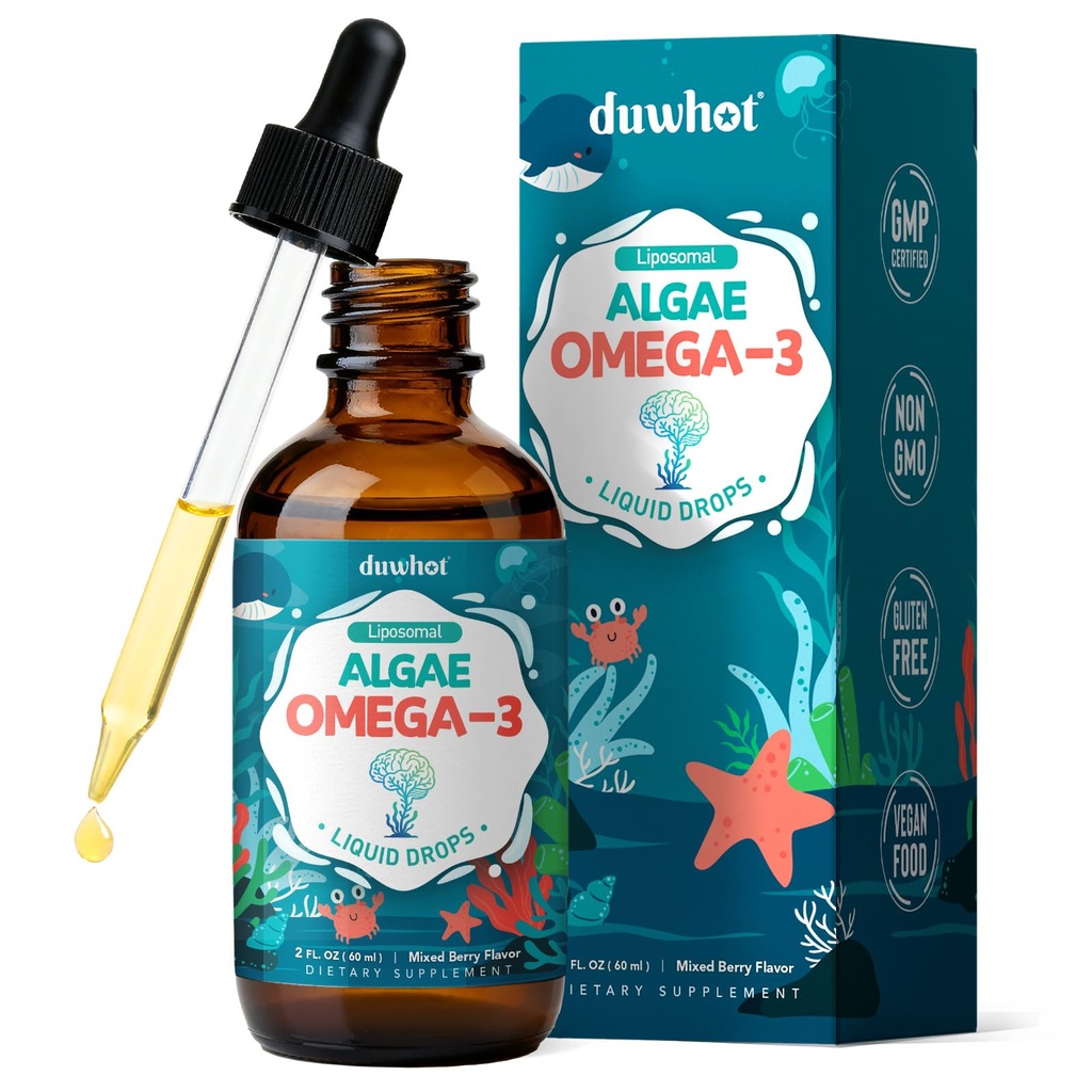 Liposomal Algae Omega 3 Liquid Drops, Vegan EPA DHA Supplement for Kids & Women, with Choline, Phosphatidylserine, Astaxanthin, Lutein & Zeaxanthin, Vitamins, Heart, Brain & Eye Health, 2 Fl Oz