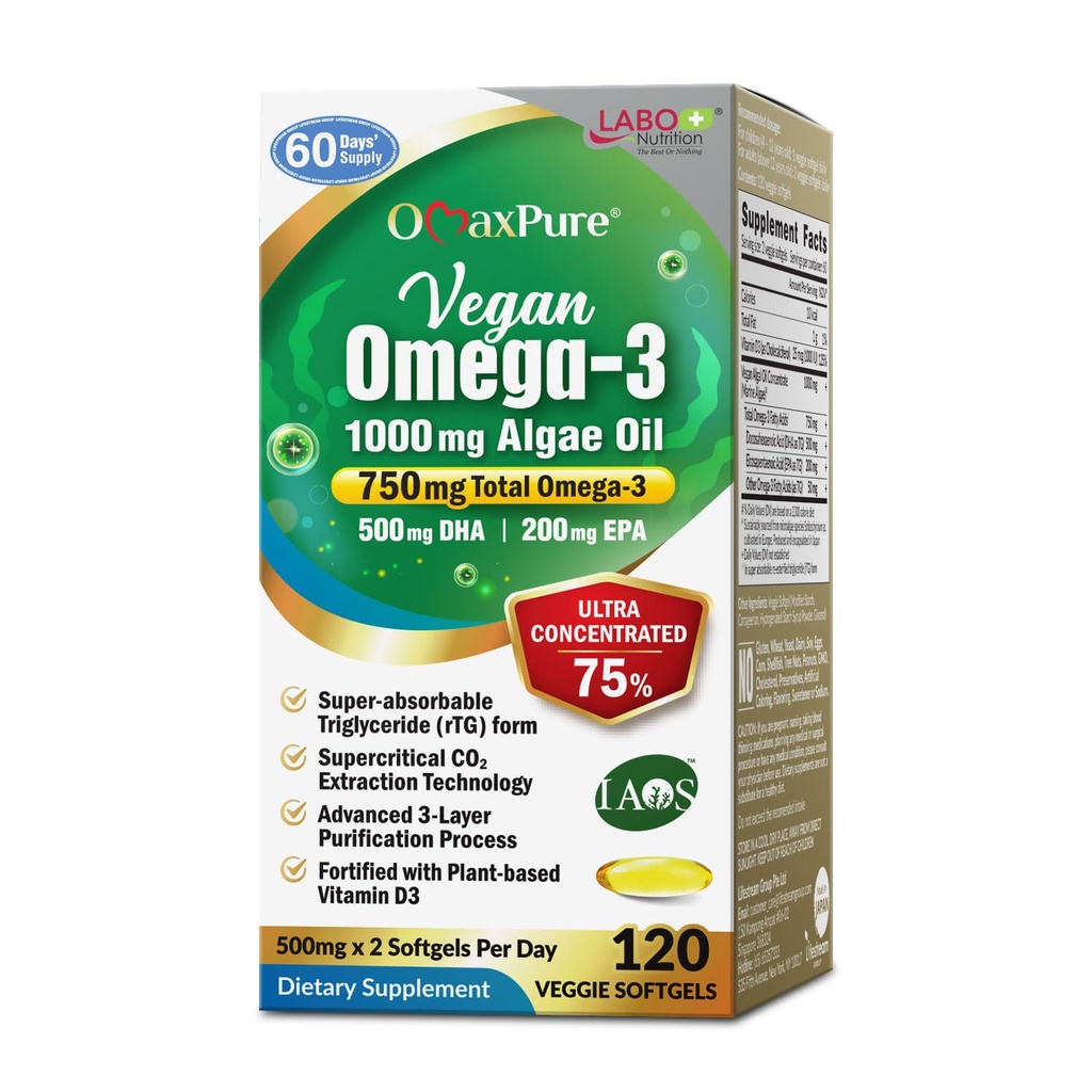 LABO Nutrition OmaxPure Vegan Omega-3 Algae Oil 750mg — Plant-Based EPA & DHA Omega-3 Supplement for Heart, Brain & Eye Health — 120 Softgels, IAOS Certified