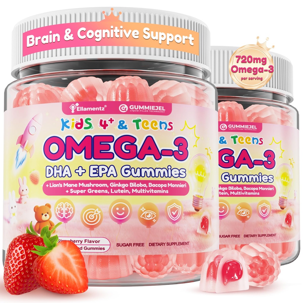 Omega 3 for Kids & Teens, High DHA Algal Oil Gummies w/Lion's Mane, Super Greens, Lutein, Methyl B12 B9, D3 K2 for Brain Focus, Vision & Immunity, 0g Sugar Kids Focus Vitamins, No Fish Burps, 120cts
