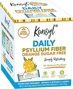 Konsyl Daily Fiber Orange 100% Natural Psyllium Husk Powder - Sugar Free and Gluten Free - 30 Individuelle Stickpacks
