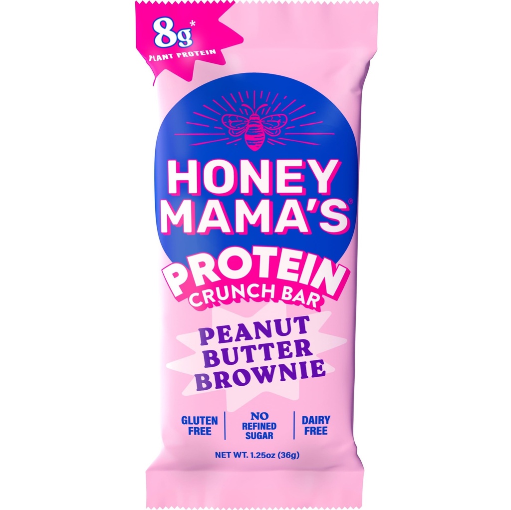 Honey Mama's, Peanut Butter Brownie Protein Crunch Bar, 8g Protein, No Refined Sugar, No Preservatives, Gluten Free, Dairy Free, Soy Free, Fudgy & Crispy, 170 Calories, 1.25 Ounce Bar
