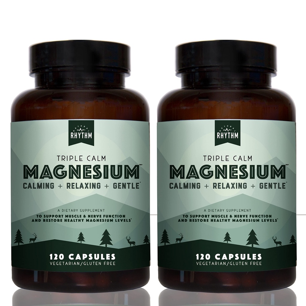 Naturlig Rhythm Triple Calm Magnesium 150 mg - 2 Pack - Magnesiumsupplement med Magnesiumglycinat, Malat og Taurat. Calming Blend til fremme af hvile og afslapning - 120 Count Flasker