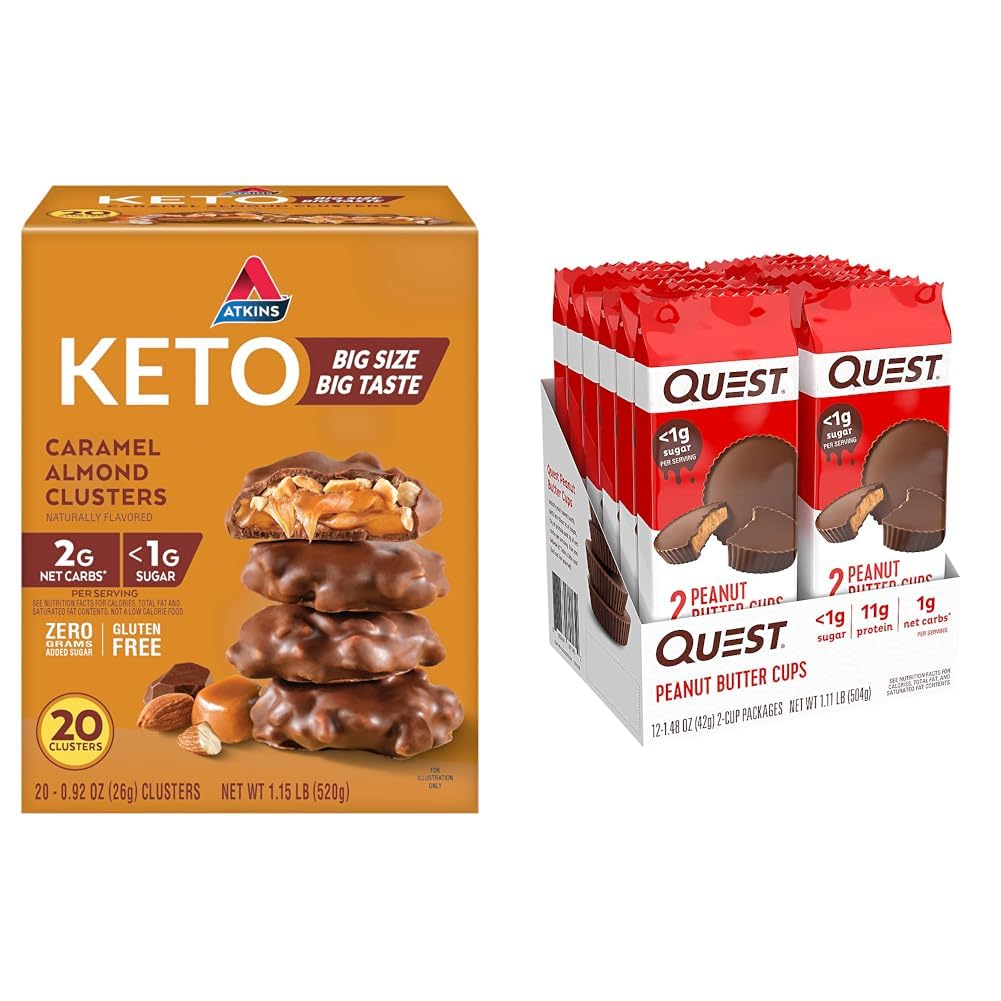 Atkins Caramel Almond Clusters, Gluten Free, High in Fiber & Quest Nutrition High Protein Low Carb, Gluten Free, Keto Friendly, Peanut Butter Cups, 12 Count (Pack of 1) (total- 17.76 Ounce)