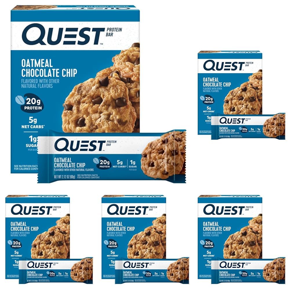Quest Nutrition Oatmeal Chocolate Chip Protein Bars, 20g Protein, 1g Sugar, 5g Net Carb, Gluten Free, Keto Friendly, 4 Count (Pack of 5)