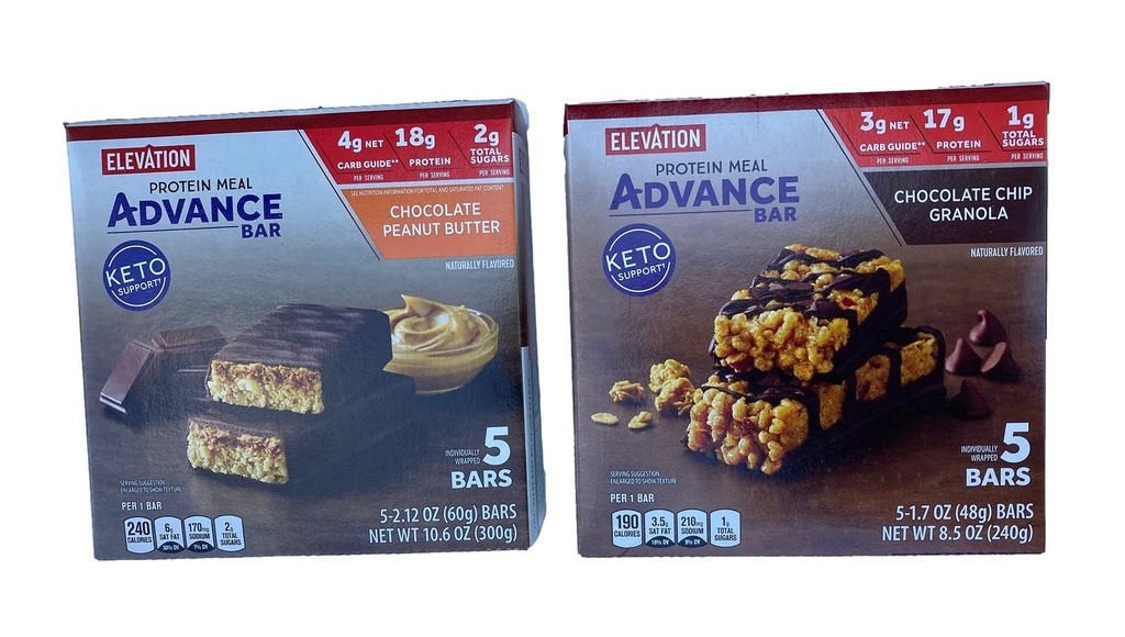 Elevation Protein Meal Advance Bar Keto Support Chocolate Peanut Butter and Chocolate Chip Granola 8.5oz 240g (Two Boxes)
