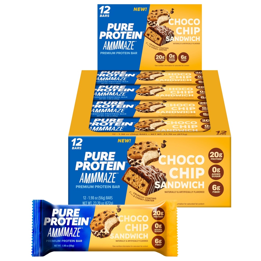 Pure Protein AMMMAZE Choco Chip Sandwich Bars, 20g Protein, 6g Fiber, 5g Net Carbs, No Added Sugar, High Protein Snack, 12 Count – Meal Replacement Bar for On-the-Go
