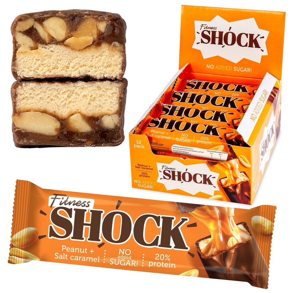 Fitness SHOCK Peanut Salted Caramel Protein Bars - Gluten Free, No Added Sugar, Low Calorie Low Carb Snack - 10g Protein, 0g Added Sugar, 180 Kcal, 18g Net Carbs - 12 x 50g