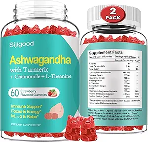2 Pack Ashwagandha Gummies med L- theanine, Ashwa Root Supplement Gummy til kvinder Mænd, 120 Strawberry Flavored Gummies