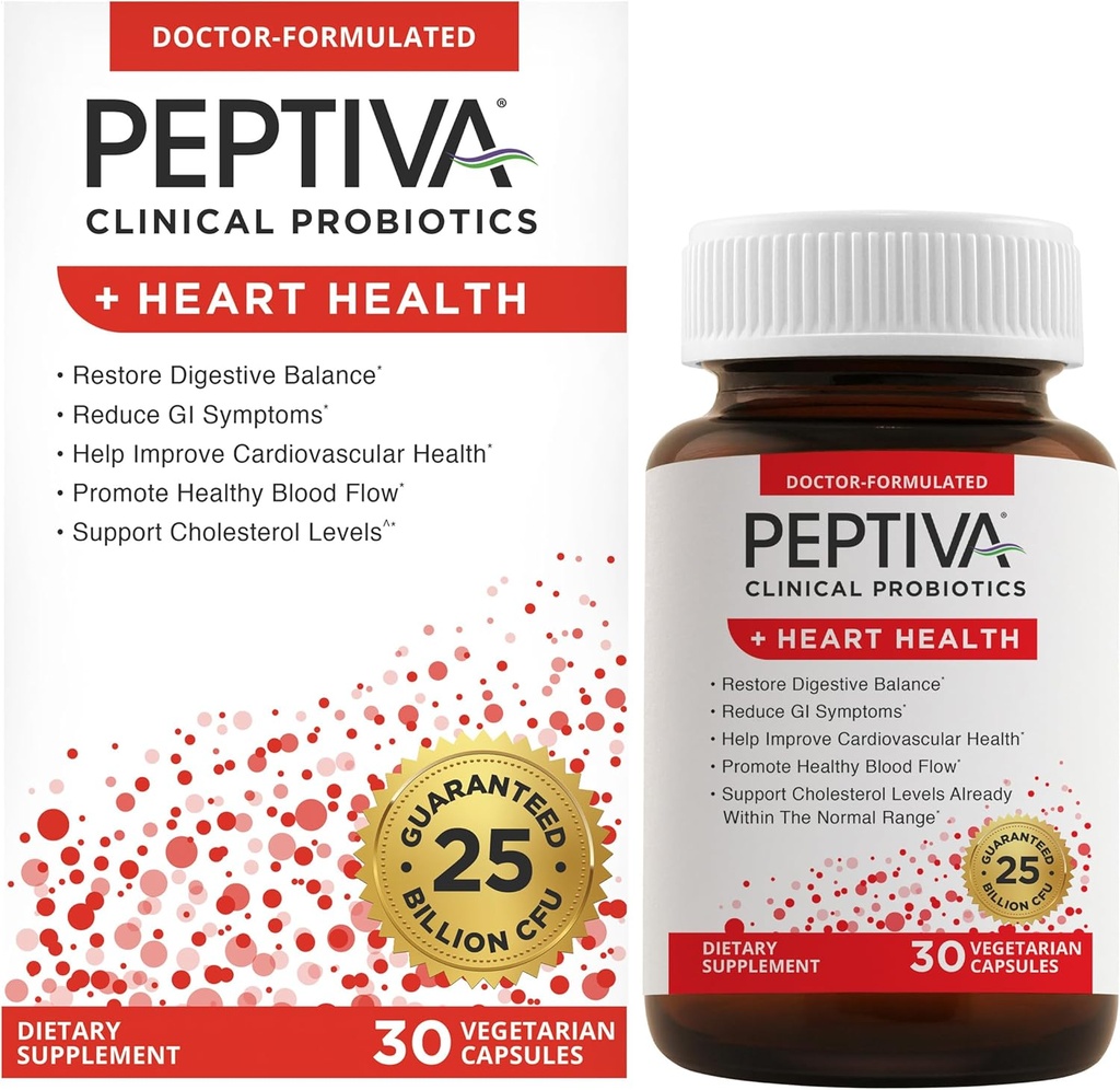 Peptiva Probiotika Heart Health - Heart Health Support, 25 Millioner CFU, Multi- Strain Probiotic, Lactobacillus Acidophilus, Bifidobacterium, fordøjelsesstøtte - 30 Vegetariske kapsler