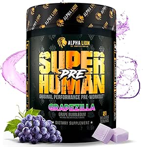 LION Superhuman Pre Workout Powder, Beta Alanine, L- Taurine & Tri- Source Coffein for Sustained Energy & Focus, Nitric Oxide & Citrulline for Pump (21 Serveringer, Grapezilla)