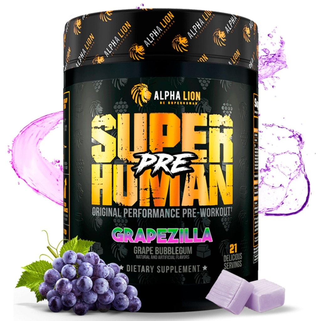 LION Superhuman Pre Workout Powder, Beta Alanine, L- Taurine & Tri- Source Coffein for Sustained Energy & Focus, Nitric Oxide & Citrulline for Pump (21 Serveringer, Grapezilla)