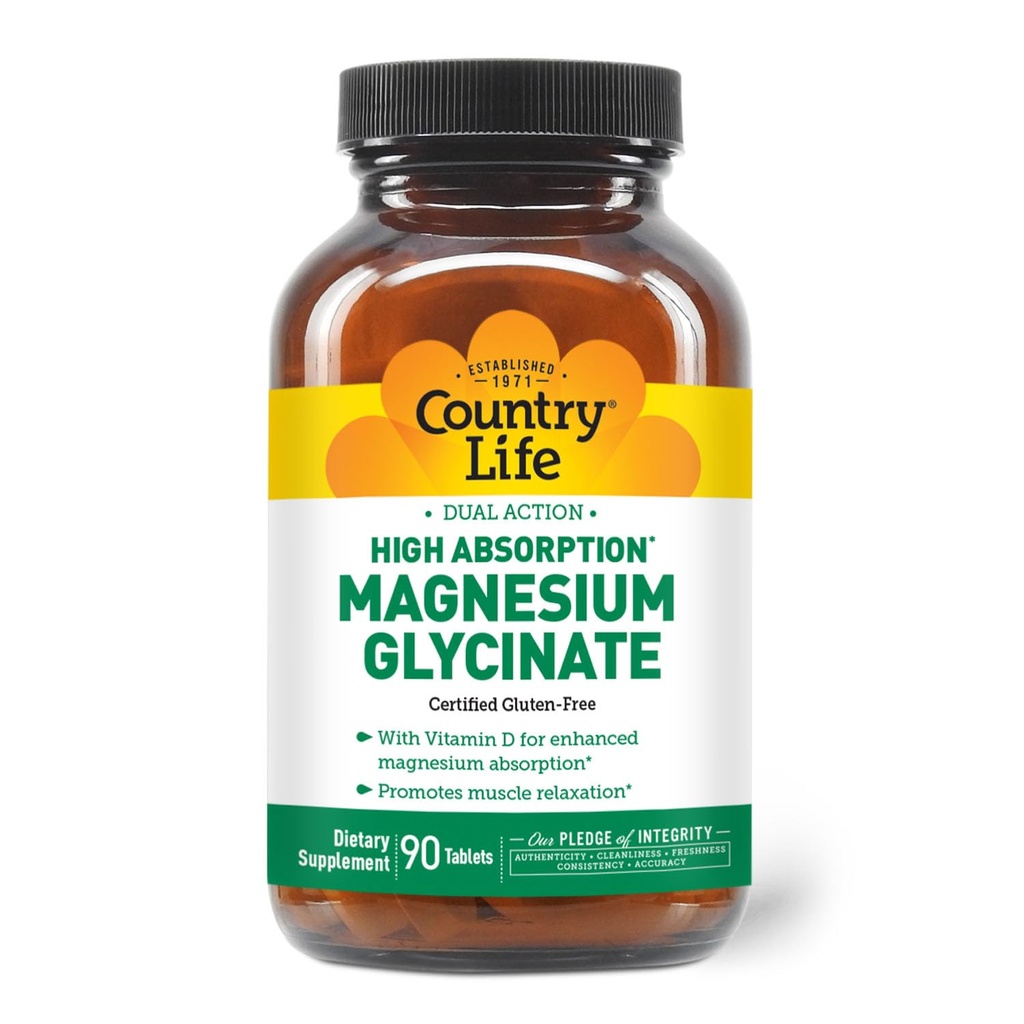Country Life High Absorption Dual Action Magnesium Glycinate, 90 Tablets