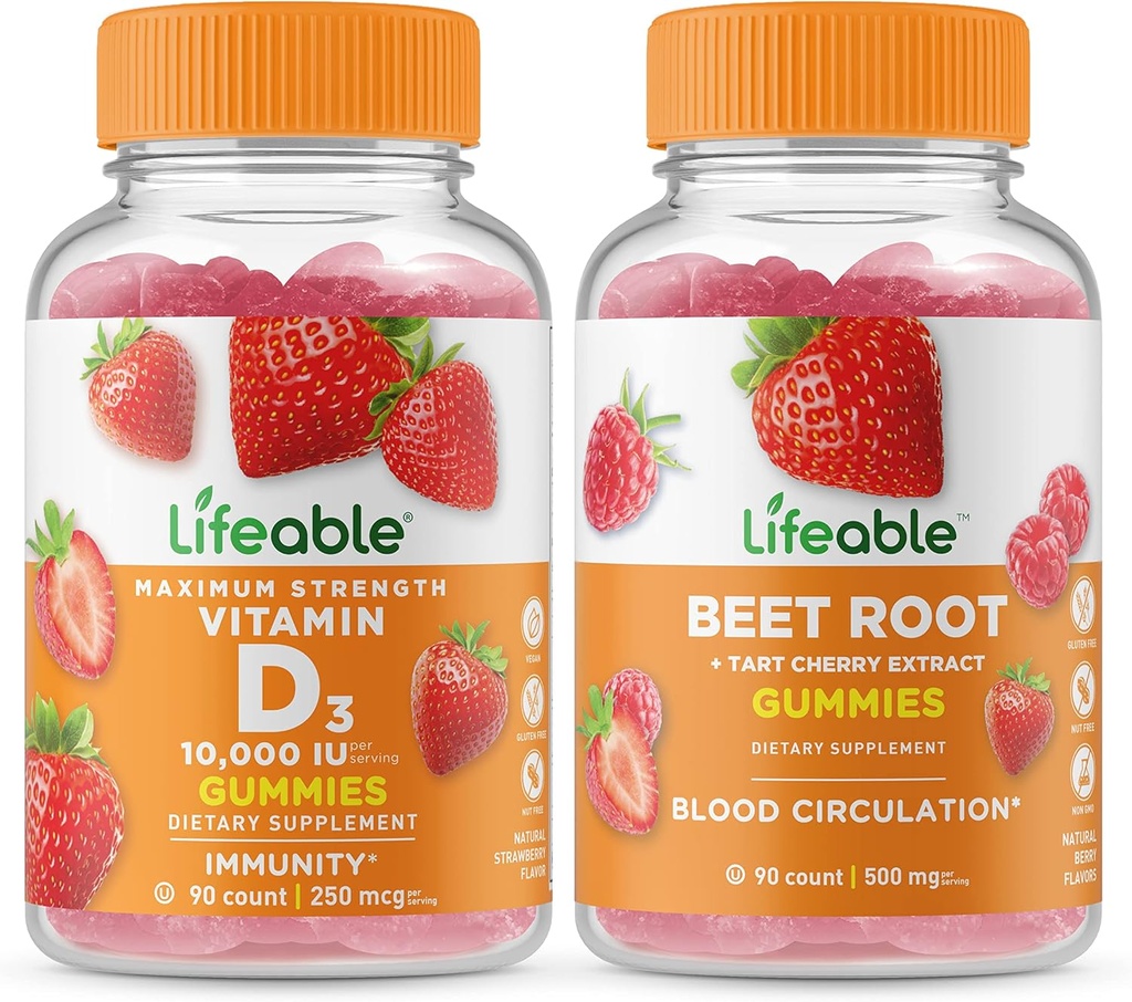 Lifeable D 10000 IE + Beet Root, Gummies Bundle - Great Tasting, Vitamin supplement, Gluten Free, GMO fri, Chewable Gummy