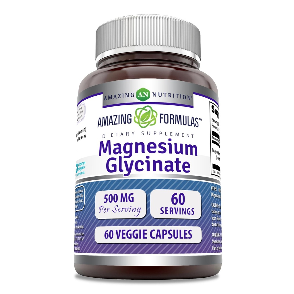 Amazing Formulas Magnesium Glycinate 500 Mg | Veggie Capsules Supplement | Non-GMO | Gluten-Free | Made in USA (60 Count, 1 Pack)