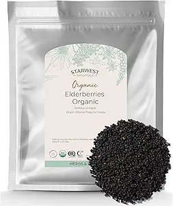 Starwest Botanicals Økologiske Hyldebær - Tørrede Hyldebær til Syrup, Tea, Gummies, & Jam, Natural immunforsvar, Certified Kosher, Non- GMO - Bulk 1 LB Bag