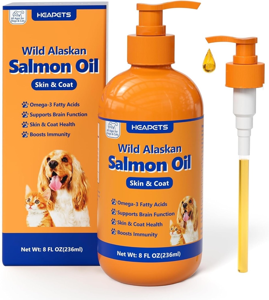 Wild Alaska Salmon Oil for Dogs & Cats, Fish Oil Omega 3 Kosttilskud med EPA & DHA for Skin & Coat, Immun, Brain, Joint and Heart Health, Dog & Cat Fish Oil Kosttilskud med Pump- 8 oz