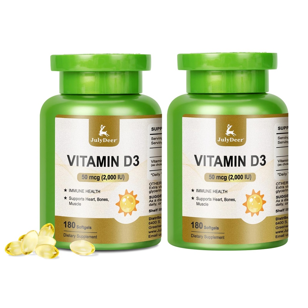 JulyDeer 2 Bottles Vitamin D3 2000 IU (50 mcg) 360 Softgels | Supports Immune Health, Calcium Absorption & Bone Strength | Essential for Healthy Bones, No-Gluten, 1 Serving Per Day for Daily Health