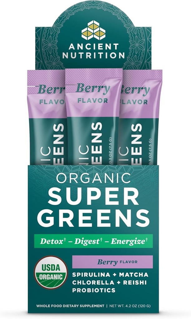 Ancient Nutrition SuperGreens pulver med Probiotika, Økologisk Berry Flavor Grønne, Lavet af ægte frugter, Grøntsager og urter, fordøjelses- og energistøtte, 16 Stick Packs, 4.2oz